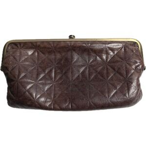 HOBO Lauren Double Frame Kisslock Wallet Quilted Brown Leather Clutch DISTRESSED